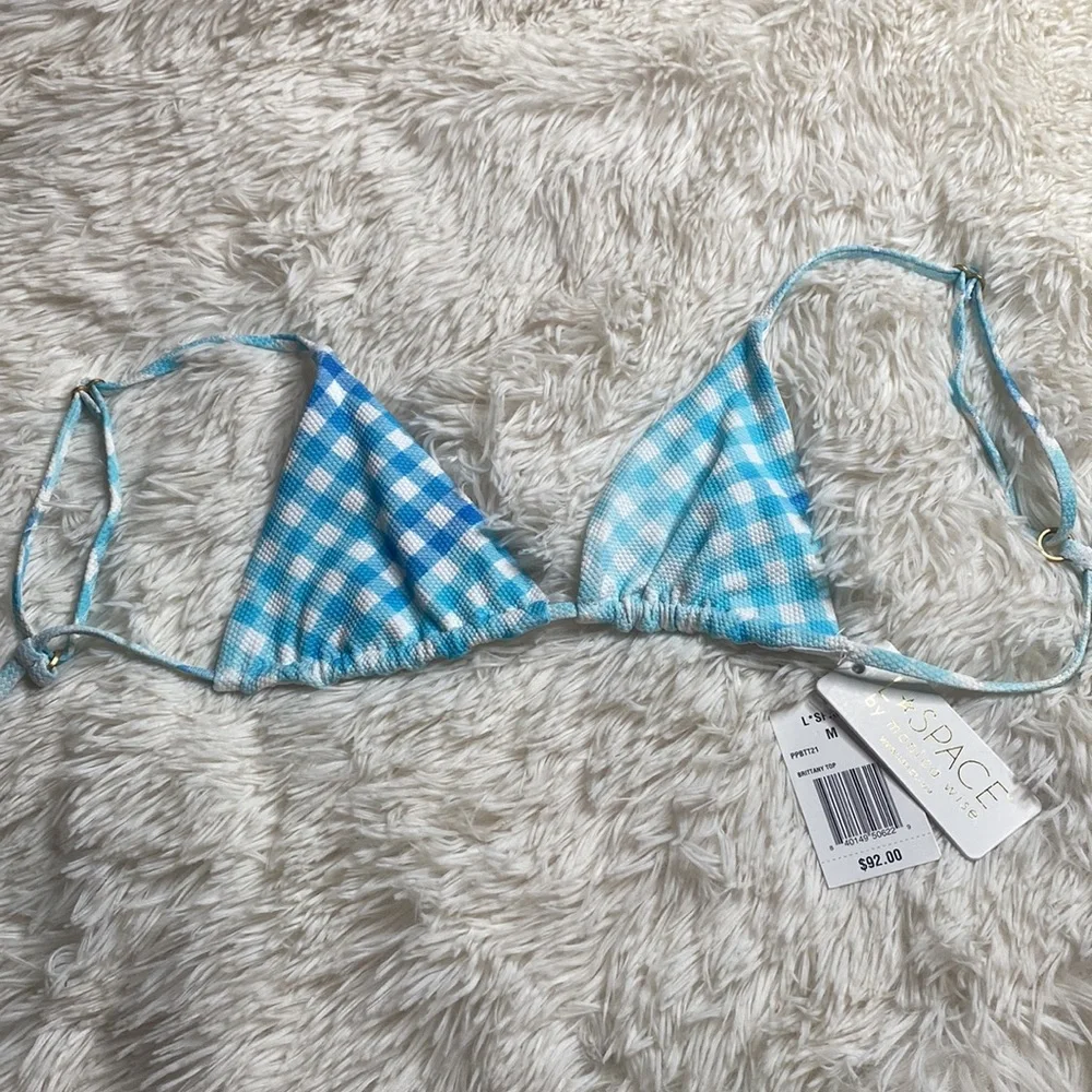 L Space by Monica Wise Blue White Checkered Bikini Swim Top Size Medium